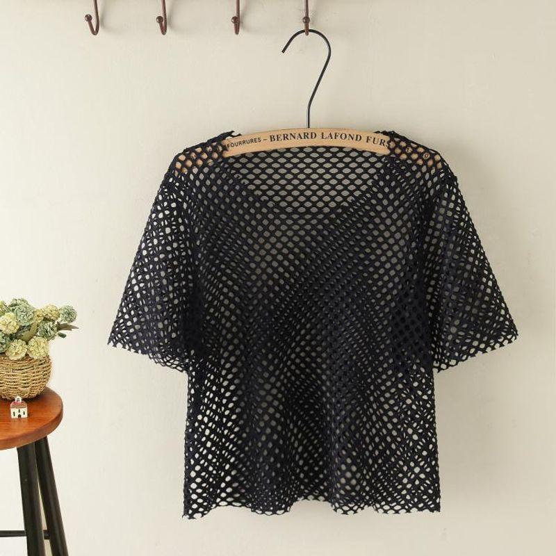 

European and American Short sleeve Mesh Shirt Summer New Cut Edge Begger Dress Breathable Mesh Loose Plus size Women T-shirt Cover up T Black M