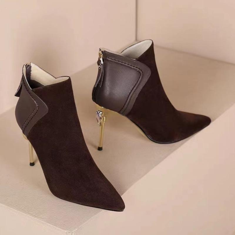 Fashion Temperament Pointed Toe Booties Women Spring and Autumn New Pointed Toe Scrub Leather Spliced Stiletto High Heel Boots