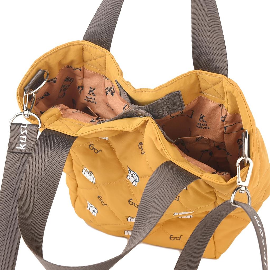 [Kusuguru Japan] Water-Repellent Quilted Polyester Tote Bag, 2-Way, Women's, Mustard