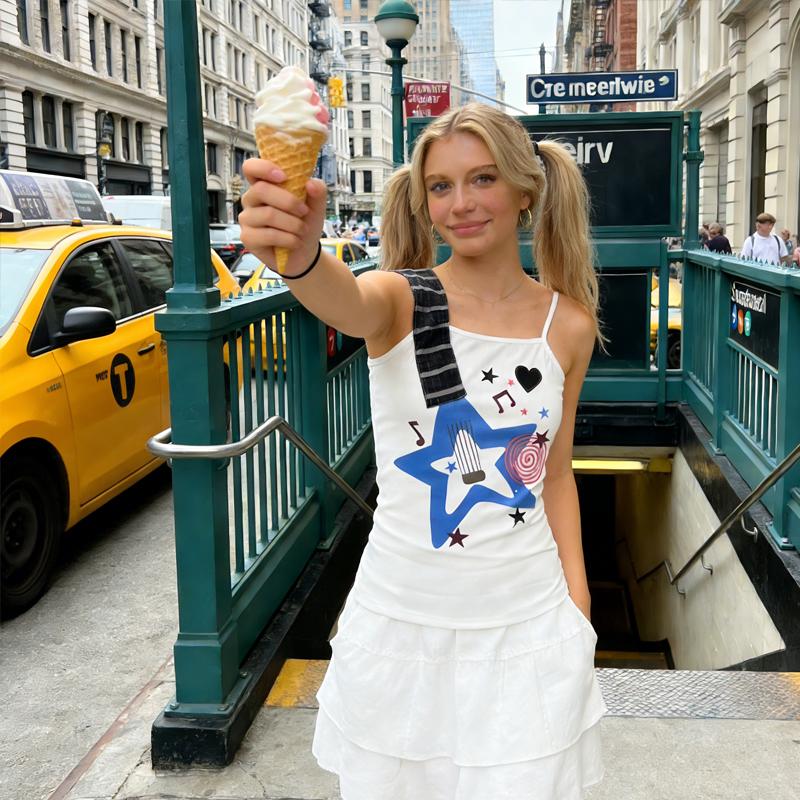 Summer Y2k Punk Rock Trend Visual Design Musical Note Printed Camisole Vintage Fashion Hip Hop Personality Slim Emo Girl Top
