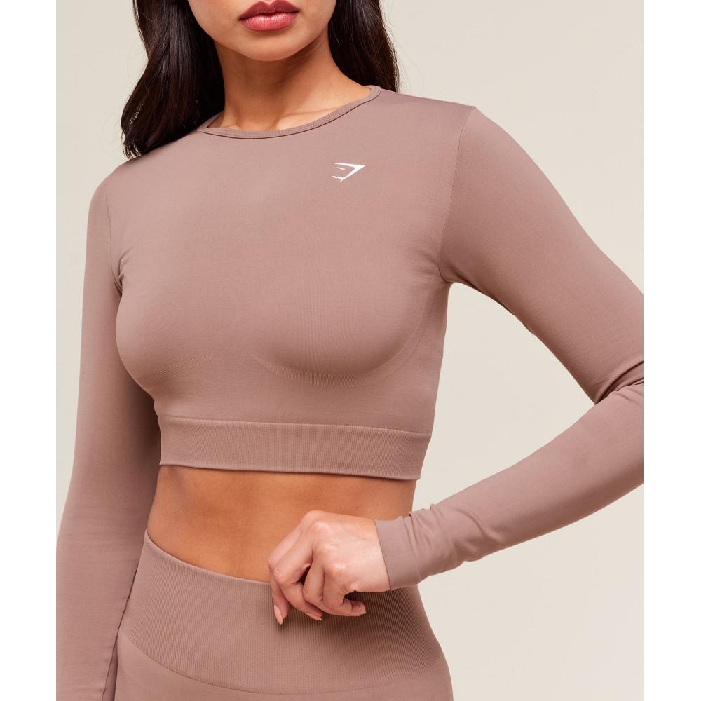 Gymshark Top Crop cu Mâneci Lungi Fără Cusături de Zi cu Zi Roz Castaniu B7a2s Kcpn