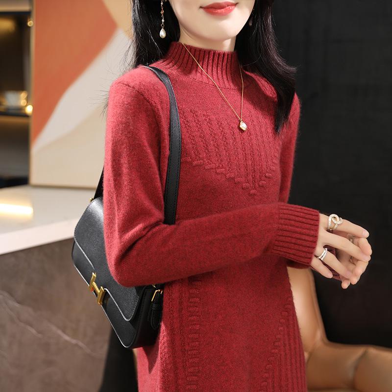 

Женское шерстяное платье средней длины - Полувысокий воротник, Приталенный силуэт, Универсальный трикотаж для осени/зимы L (115-125 jin)