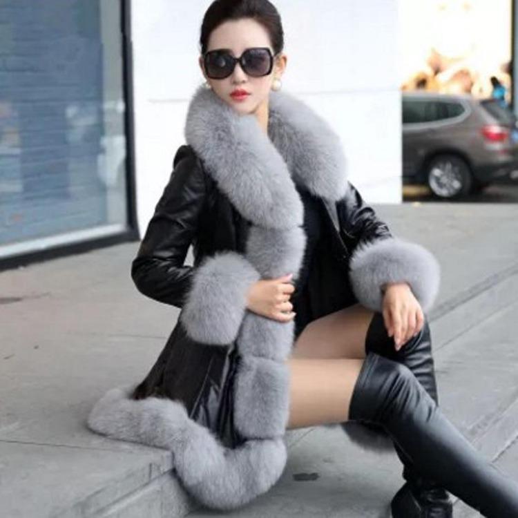 

Warm Winter Faux Fox Fur Leather Coat Plus Size Jacket Ladies Thick Fluffy Hoodie Overcoat Slim Fit S чёрный
