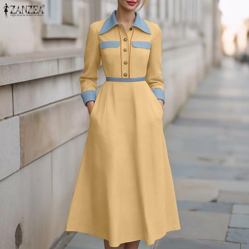 ZANZEA Vestido feminino casual gola virada para baixo solto manga comprida