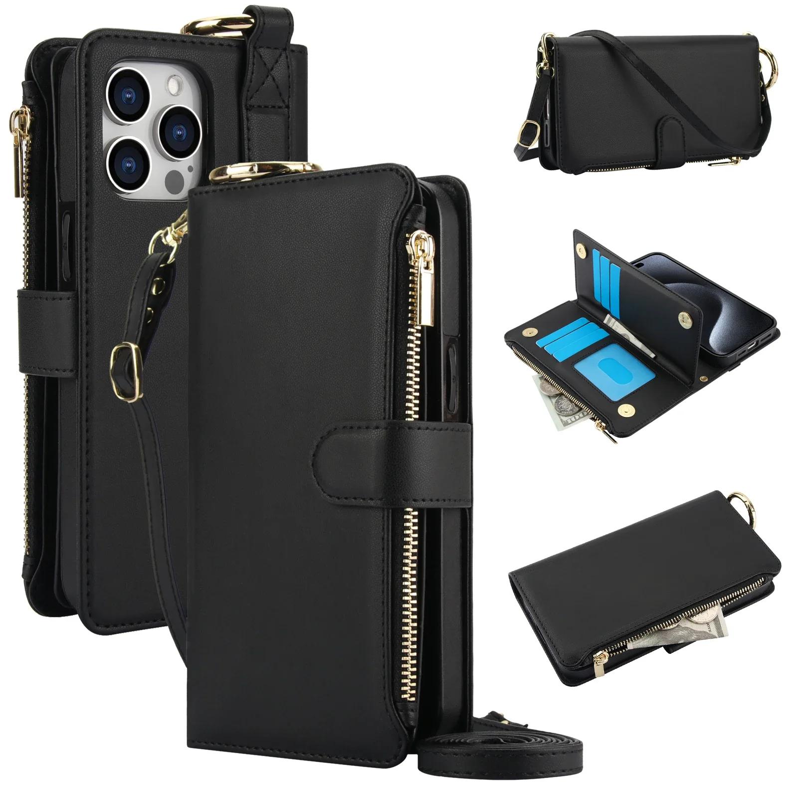 Emplacements pour cartes Fermeture éclair Portefeuille en cuir Étui à rabat pour téléphone pour IPhone 17 Air 16 15 14 13 12 11 Pro Max Plus Promax Anneau Lanière Portefeuille For iPhone 16e noir
