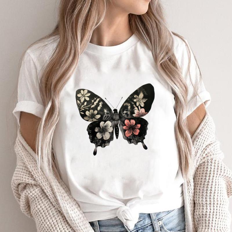 (Asian Size) Lovely Butterfly 90s Print Fashion Female Short Sleeve T-shirts Women's Top T Clothing Casual O-neck Graphic Tee
