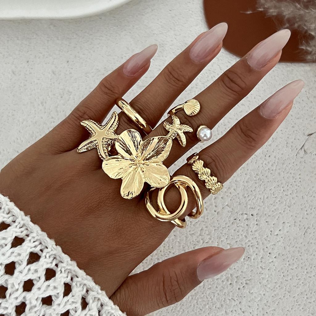 Ocean Wind Starfish Scallop Shell Ring Set Design Sense Irregular Metal Sun Flower Ring
