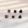 Lucky Black Four-Leaf Clover Heart Stud Earrings, Ribbed Rose Gold Earring with Drip Glue Design, Screw Back for Men and Women.