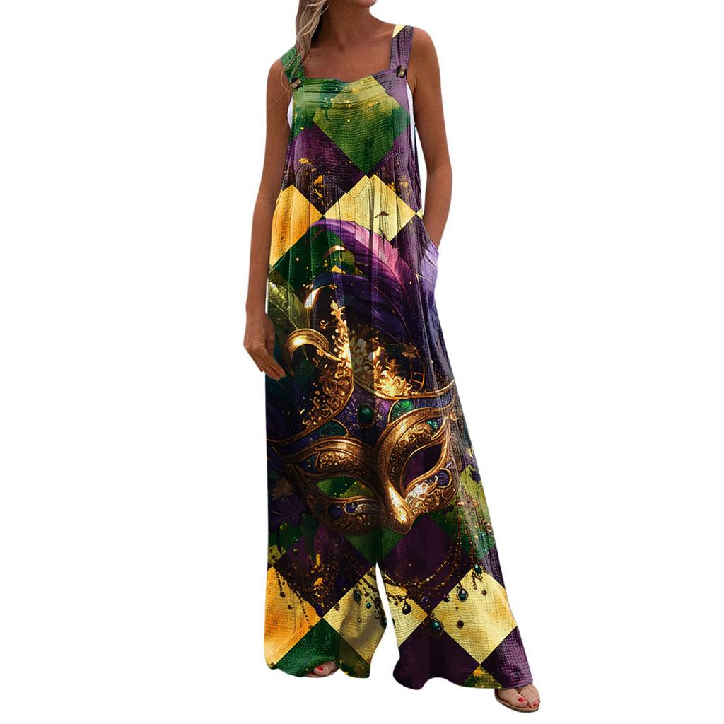 Wide Leg Overalls For Women Casual Loose Sleeveless Print Button Long Pant Romper Jumpsuit With Pockets