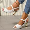 Comemore Women's Summer Sandals with Heels Casual Peep Toe 7.5cm Thick High Heeled Sandales Femmes Beige Black Dress Shoes
