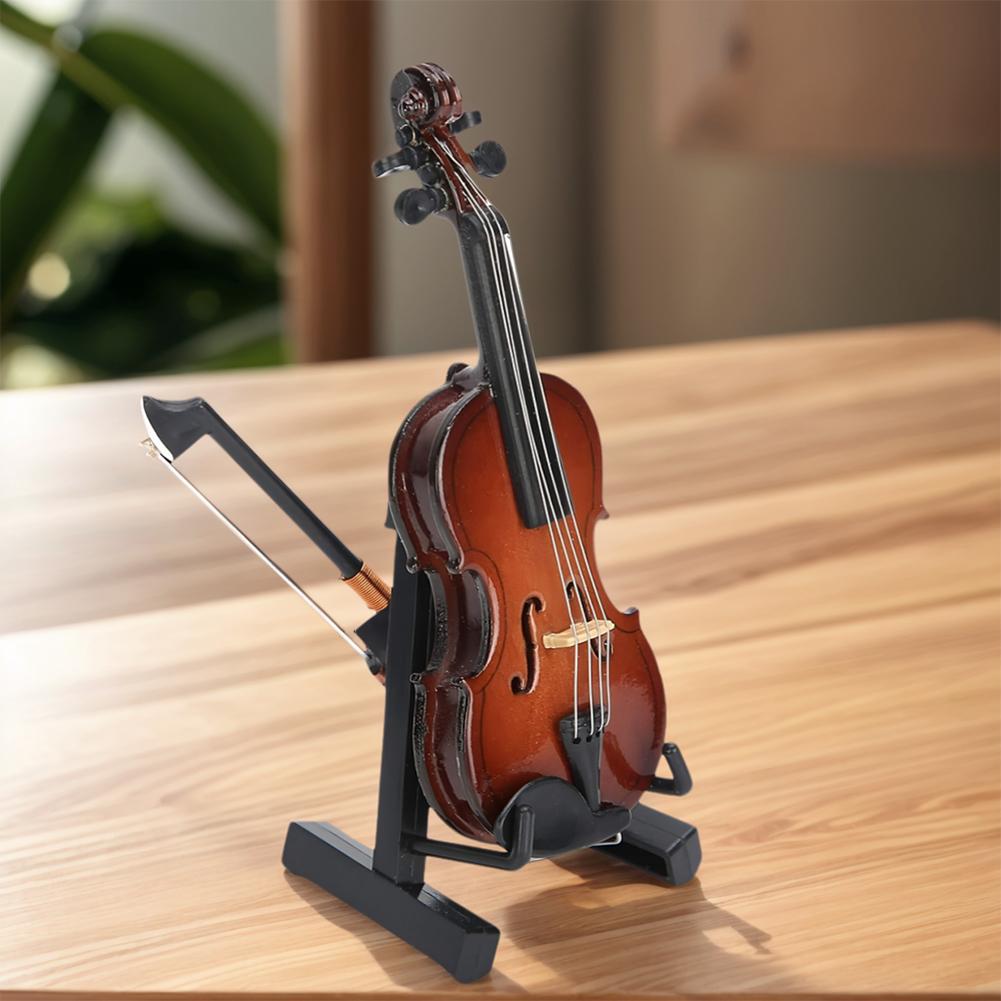 Miniature Wood Violin -Stand & Bow Wood Violin Replica Collectible Figurines Dollhouse Accessories Model Home Display Ornament