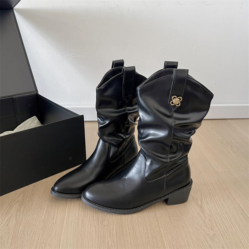 Black retro v-mouth thick heel short boots women's summer 2025 new thin but knee western cowboy knight boots