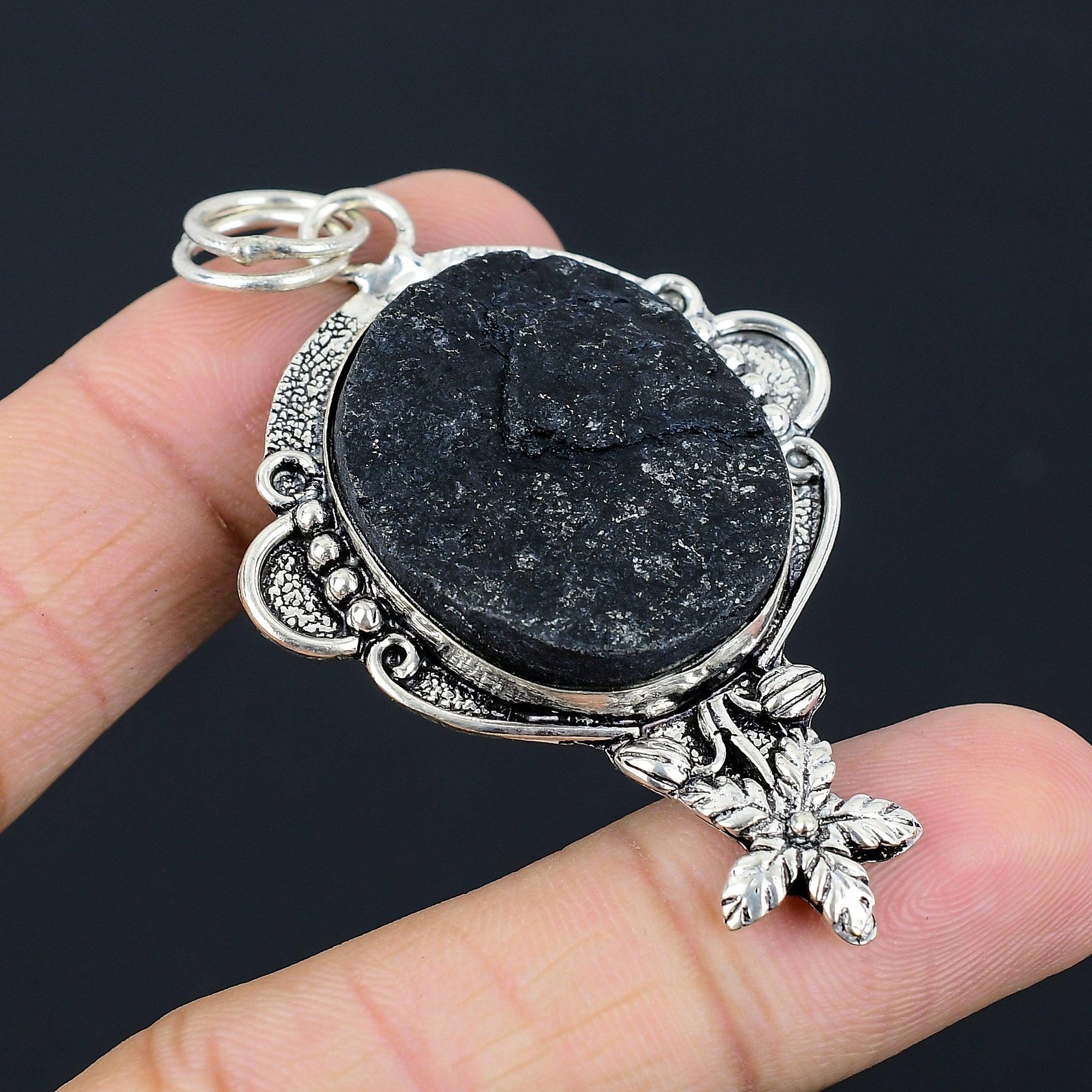 Wedding Gift For Her 925 Silver Natural Black Tourmaline Rough Pendant Flower