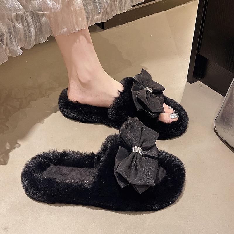 Bow-tie Fluffy Slippers Women's Indoor 2025 Autumn and Winter Large Size Soft Bottom Plush Office Home Flat Cotton Slippers