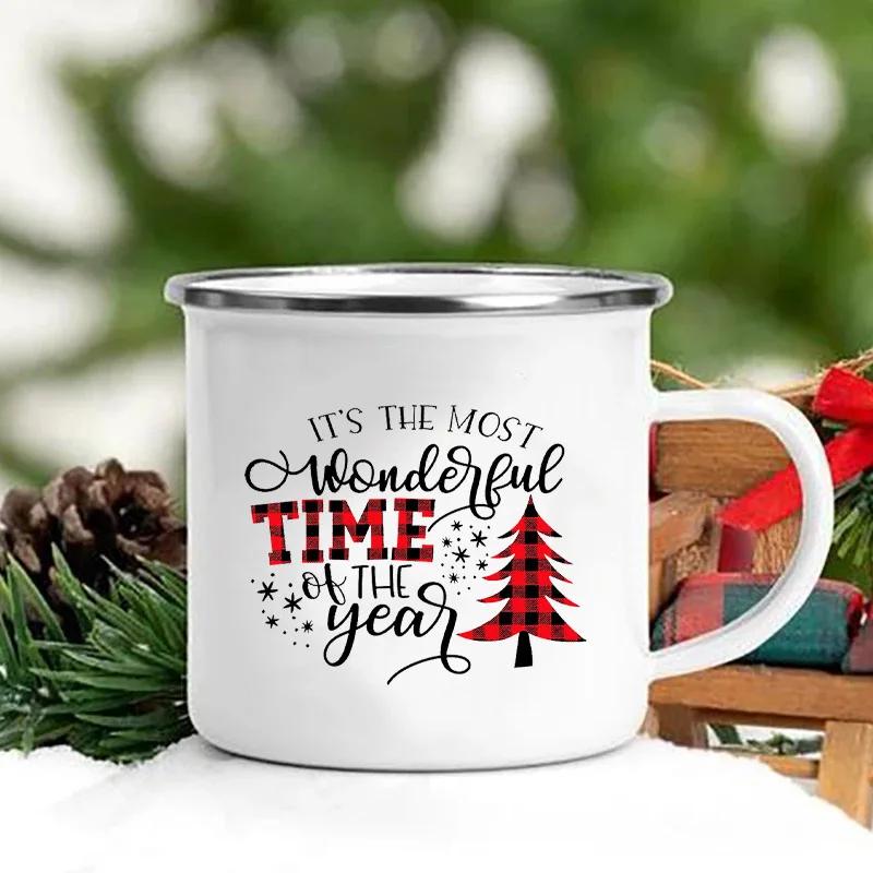 Merry Christmas Print Creative Enamel Coffee Tea Wine Drink Mug Dessert Hot Cocoa Milk Cup Cake Mugs Handle Drinkware Xmas Gifts