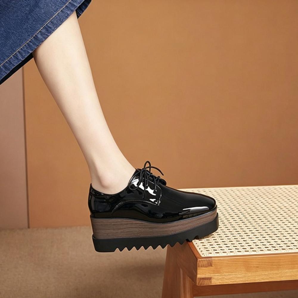 HZB‑761‑8 2026 New Women Patent Leather Lace‑Up Wedge Platform Pumps, British Style Soft‑Sole Versatile Thick‑Sole Casual Leather Shoes