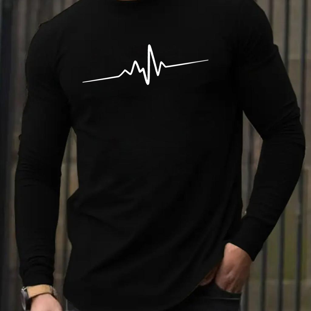 Spring and Autumn Round Neck 3D Heartbeat Line Printed Top Fashionable Casual Long Sleeved Men's T-shirts