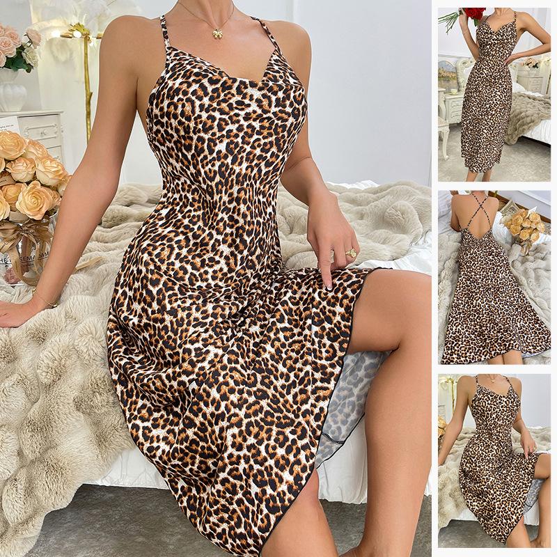 Leopard Print Satin Nightgown Deep V Crisscross Backless Sexy Camisole Women's Loungewear 813 Bold Trendy Sleepwear with a Wild, Feminine Edge