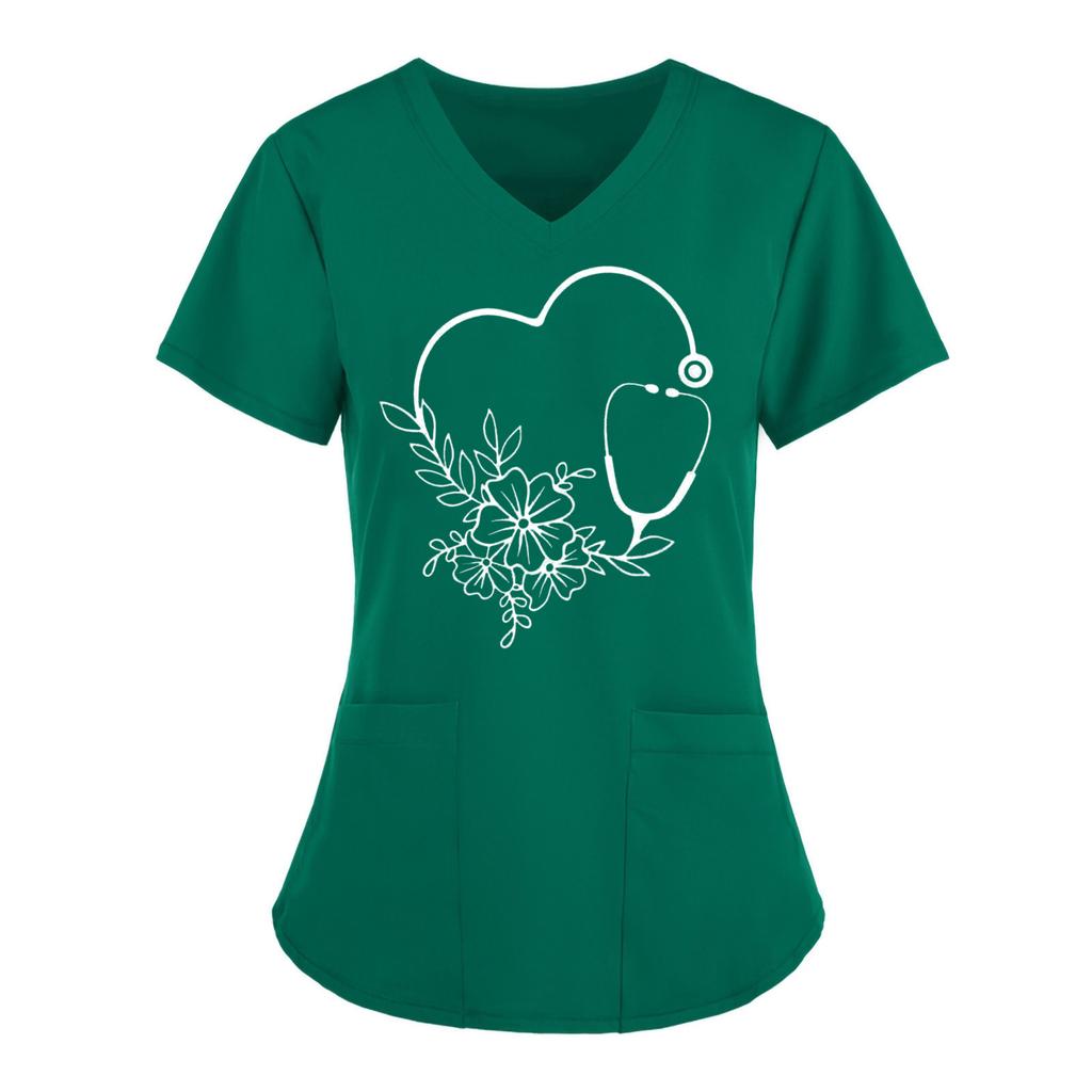 Women Short Sleeve V-neck Tops Working  Solid Color Pocket Blouse