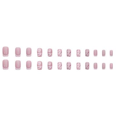Trend Fashion Women Girls Medium Coffin Shaped French Fake On Stripe Press Powder Nail Glitter A5Z3