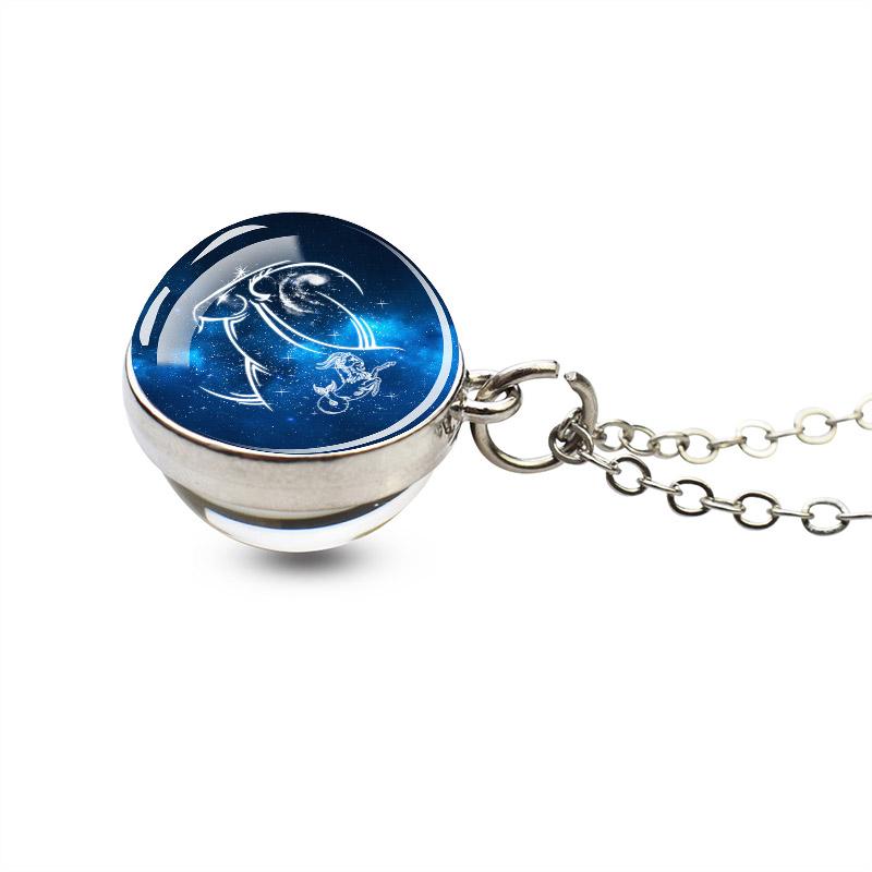 12 Constellations Double Side Glass Ball Silver Plated Necklace Jewelry Pendant Accessories Women Birthday Gift