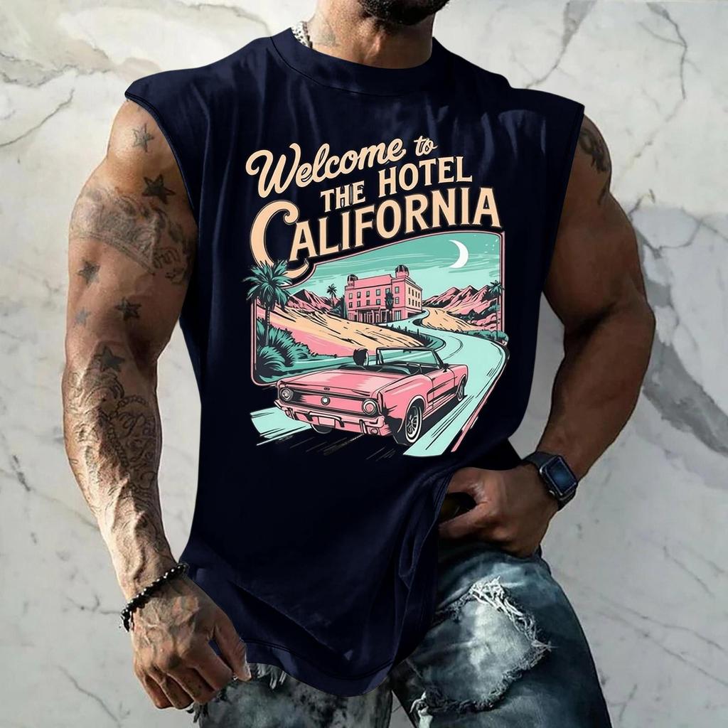 Men Sleeveless Tank Top Loose Fit Breathable Muscle Shirt Vintage Graphic Print Casual Streetwear Summer Sportswear