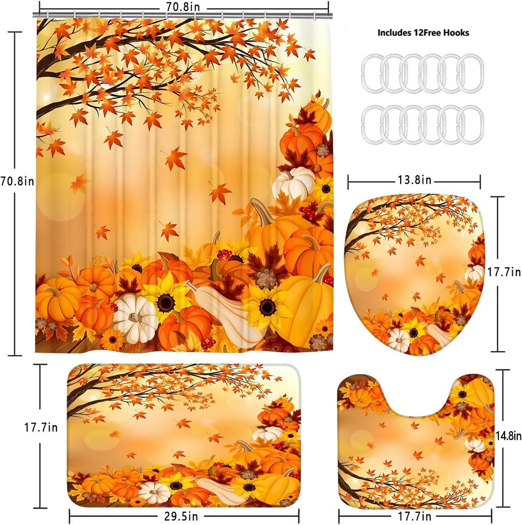 Fall Thanksgiving Day 4Pcs Autumn Pumpkin Maple Tree Leaves Shower Curtain Set With Non-Slip Rug Toilet Lid Cover And Bath Mat