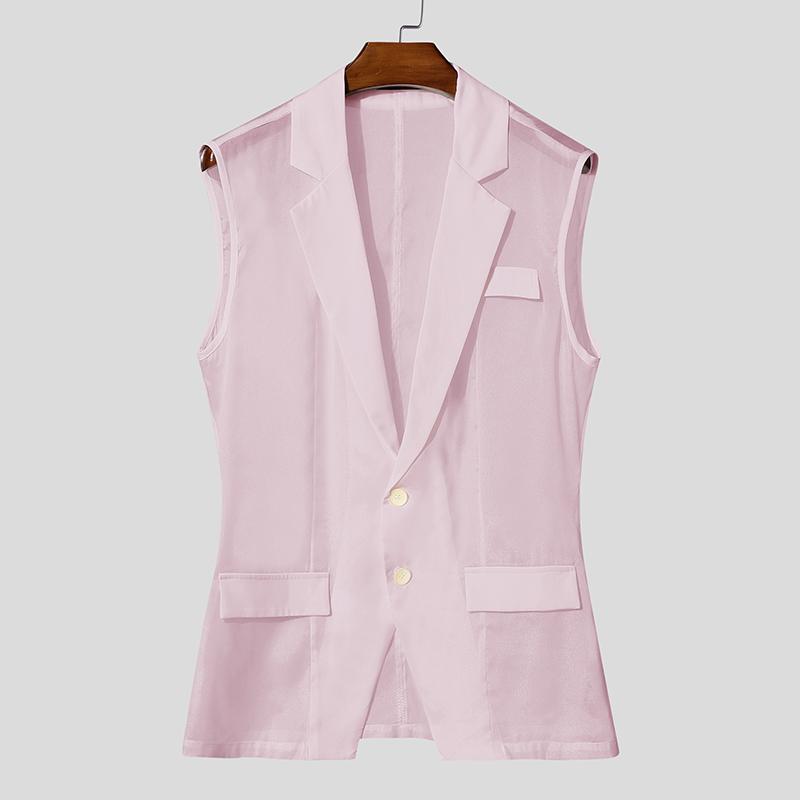 INCERUN Men Lapel Sleeveless Buttons Stitching See Through Mesh Sheer Waistcoats