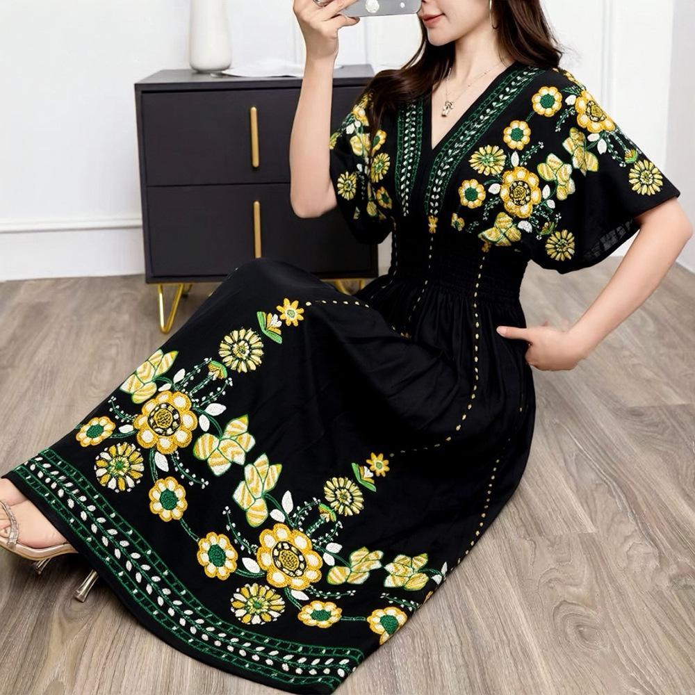 Vestido de Vacaciones con Estampado Franco-Tailandés, Cuello en V Étnico, Manga Corta de Rayón, para Mujer, 25º Aniversario