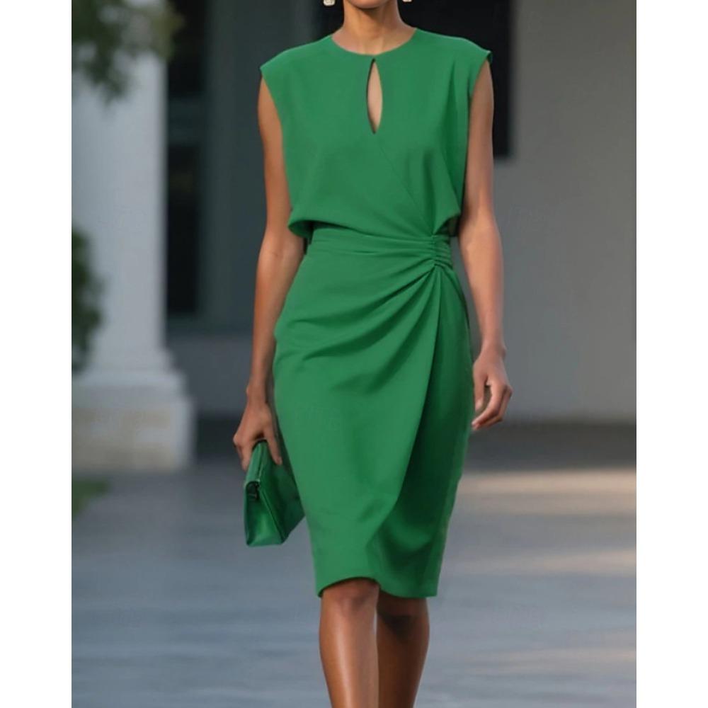 Dames mouwloze ronde hals keyhole ruches taille bodycon midi jurk voor kantoor