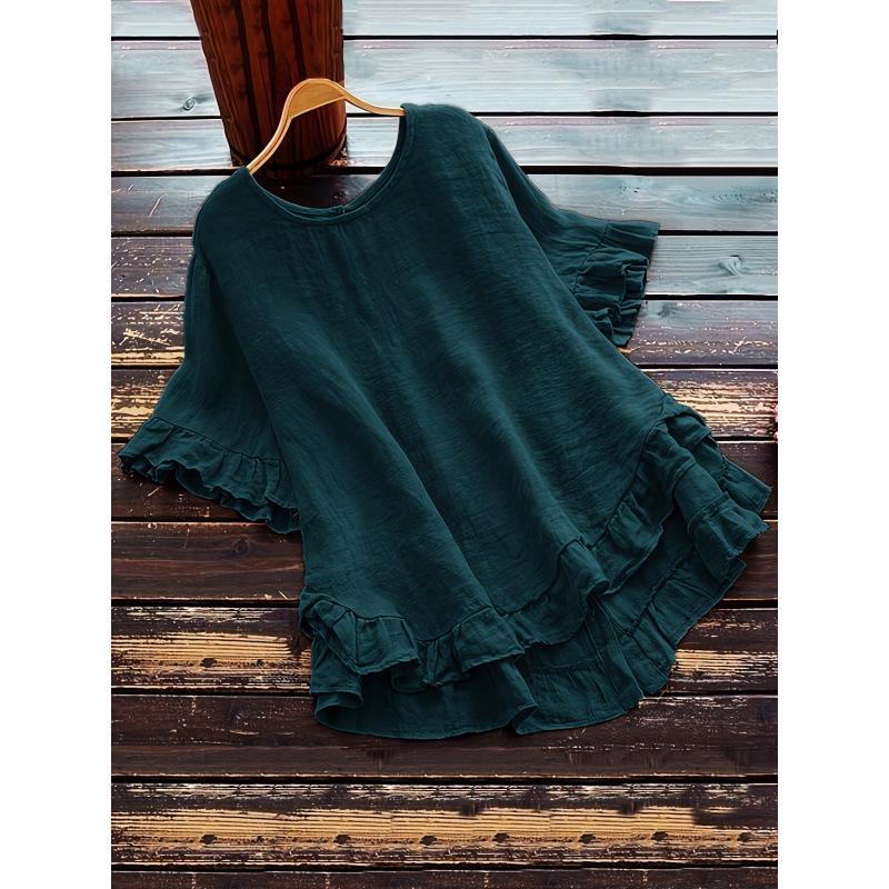 Cross2026 Women's Loose Ruffle Short Sleeve Button-Up Round Neck Shirt