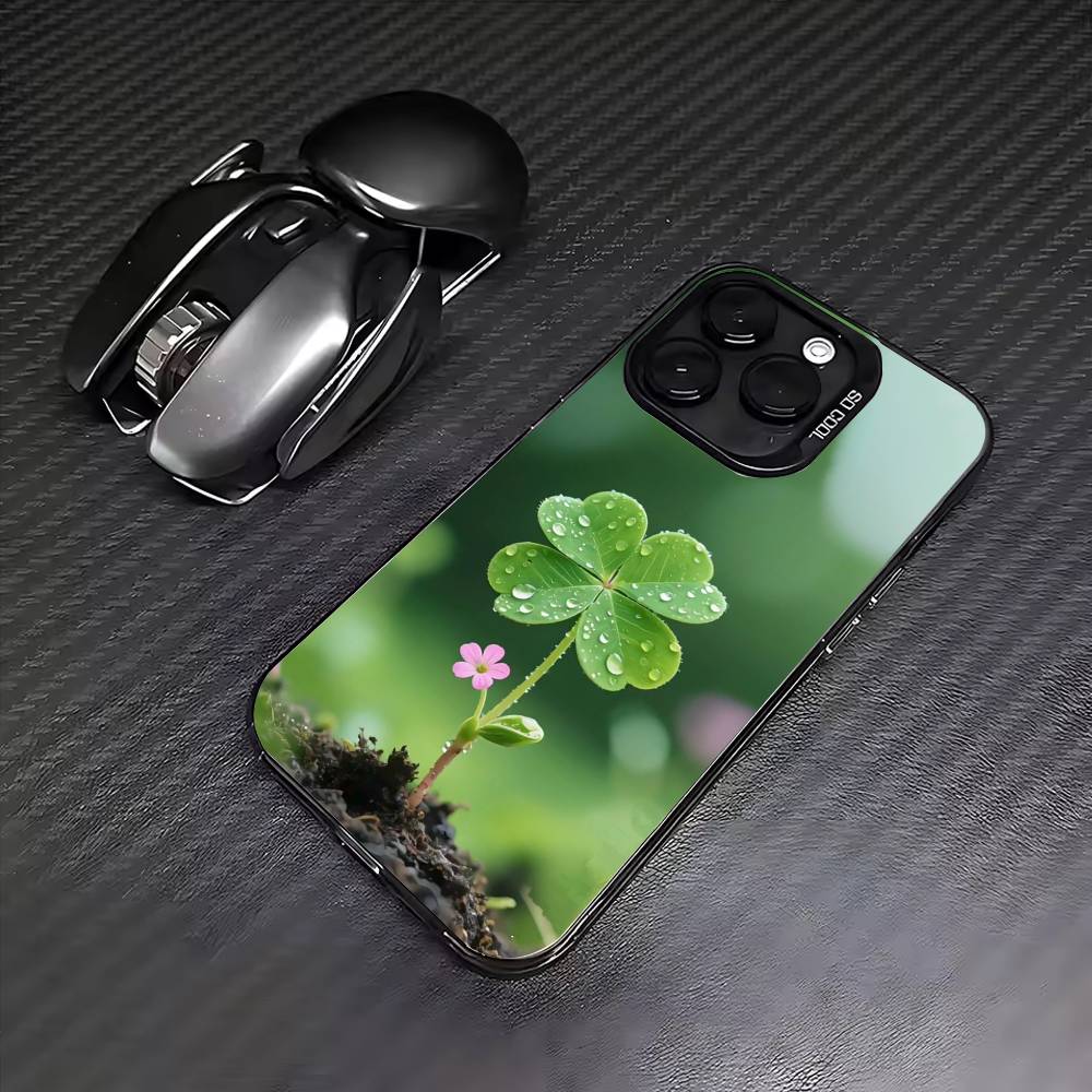 Lucky Four-Leaf Clover Phone Case For iPhone17,16,15,14,13,12,11 Plus,Pro Max Colored Silver Plated Inside Cover