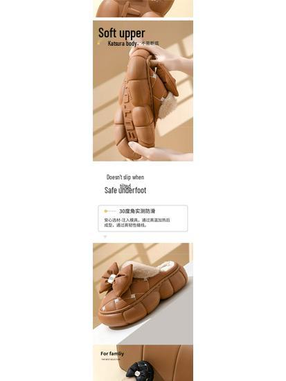 Women's Thick-Soled Waterproof Cotton Slippers - Men's Fashion, Warm Bow Style, Non-Slip for Outdoor Winter Wear.