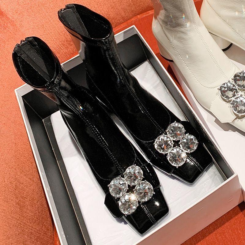 Modische Strass-Kurzschuhe für Damen Arbeit Kawaii Stiefeletten Niedliche Weiße Damen-Knöchelstiefel Elegant mit Niedrigen Absätzen Schuhe Goth Cosplay