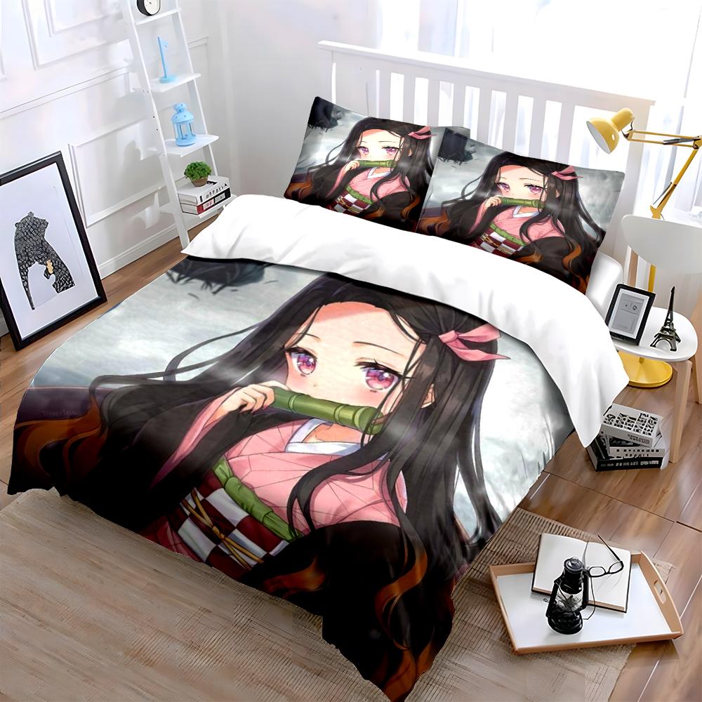 Anime Girl Pink Kimono 3-Piece Bedding Set Bedding set (1 duvet cover, 2 pillowcases, duvet not included)