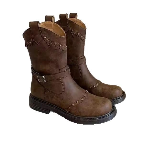 Retro belt buckle flat bottom rivet western boots knight boots short boots women's 2025 summer new British Martin boots single boots