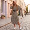 Women V Neck Loose Fit Striped Belted Shirt Dress Long Sleeve Casual Midi Dress with Vertical Stripe Pattern for Daily Wear
