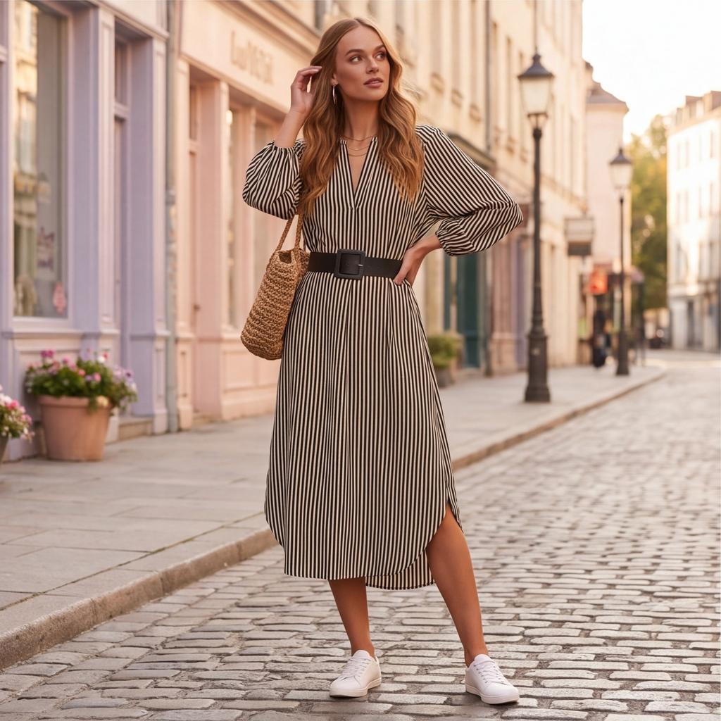 Women V Neck Loose Fit Striped Belted Shirt Dress Long Sleeve Casual Midi Dress with Vertical Stripe Pattern for Daily Wear