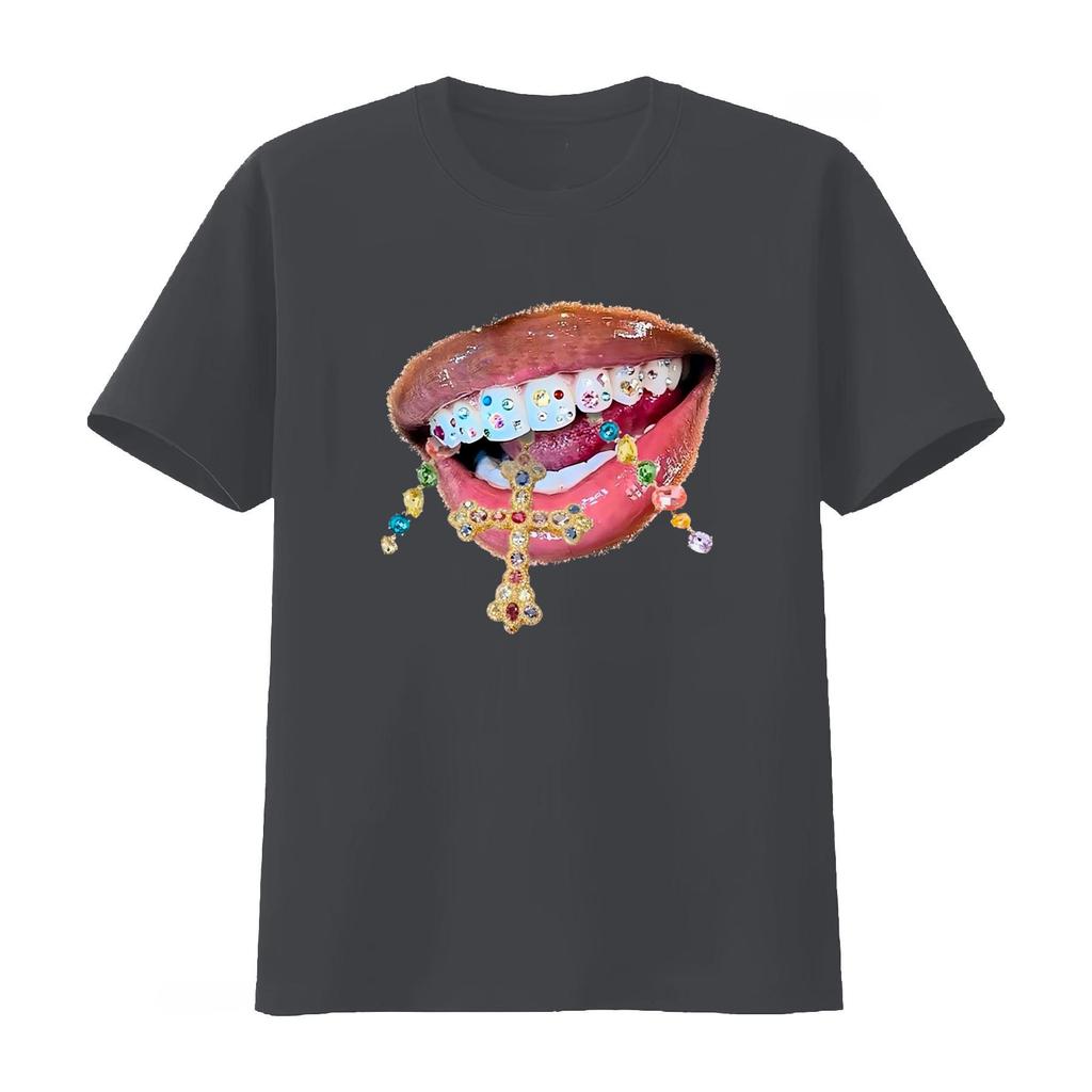Glossy Jewelry Mouth Print T Shirt Streetwear Y2K Cotton Fashion Breathable Graphic Fashion Unisexs and Women 2026 Summer T Shirt