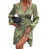 Women Mini Dress V-Neck Lantern Long Sleeve Side Lace-up Dress