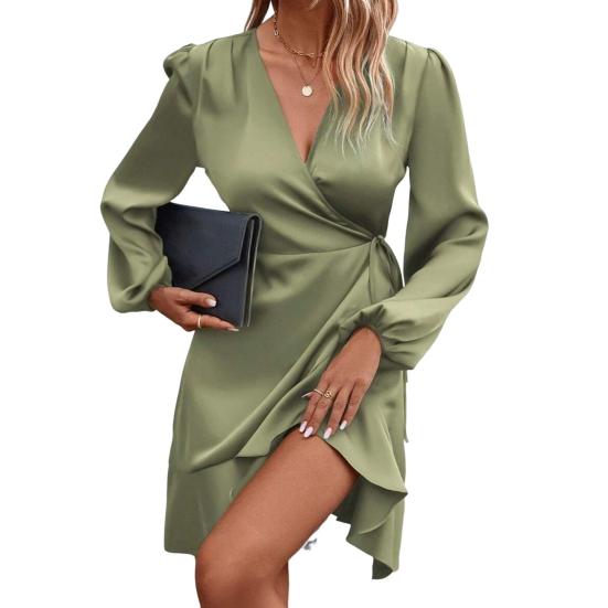 Women Mini Dress V-Neck Lantern Long Sleeve Side Lace-up Dress