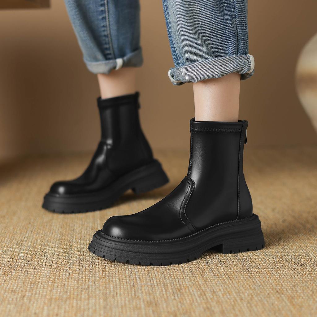 Krazing Pot Microfiber Autumn Winter Shoes Thick High Heels Zipper Platform Size 43 Motorcycle Boots Brown Color Ankle Boots