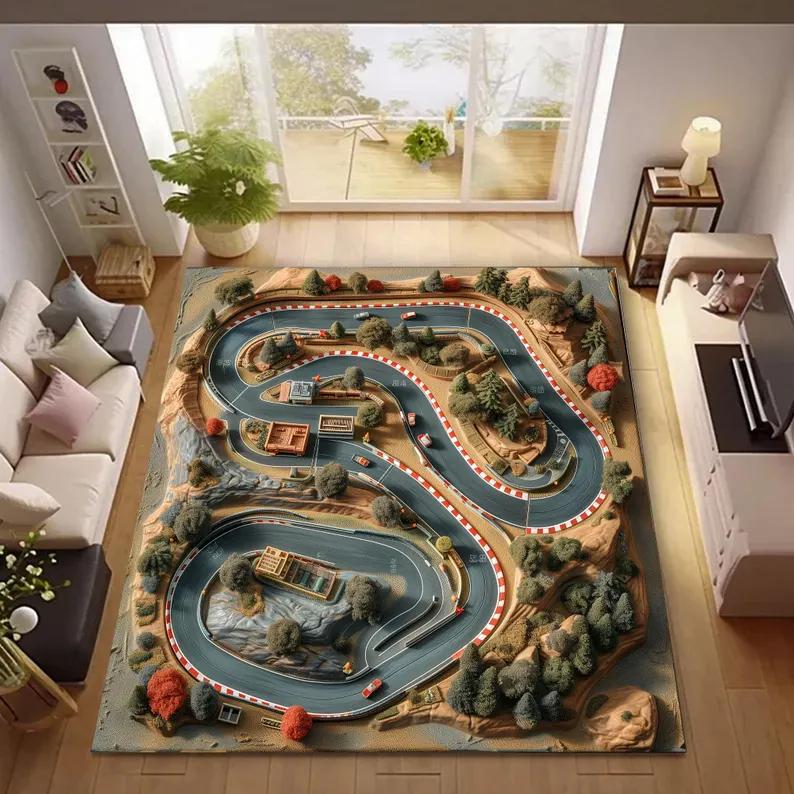 Visual Stereoscopic Racing Track Carpet Children's Soft Climbing Mat Children's Game Rug Urban Traffic Road Printed Carpet