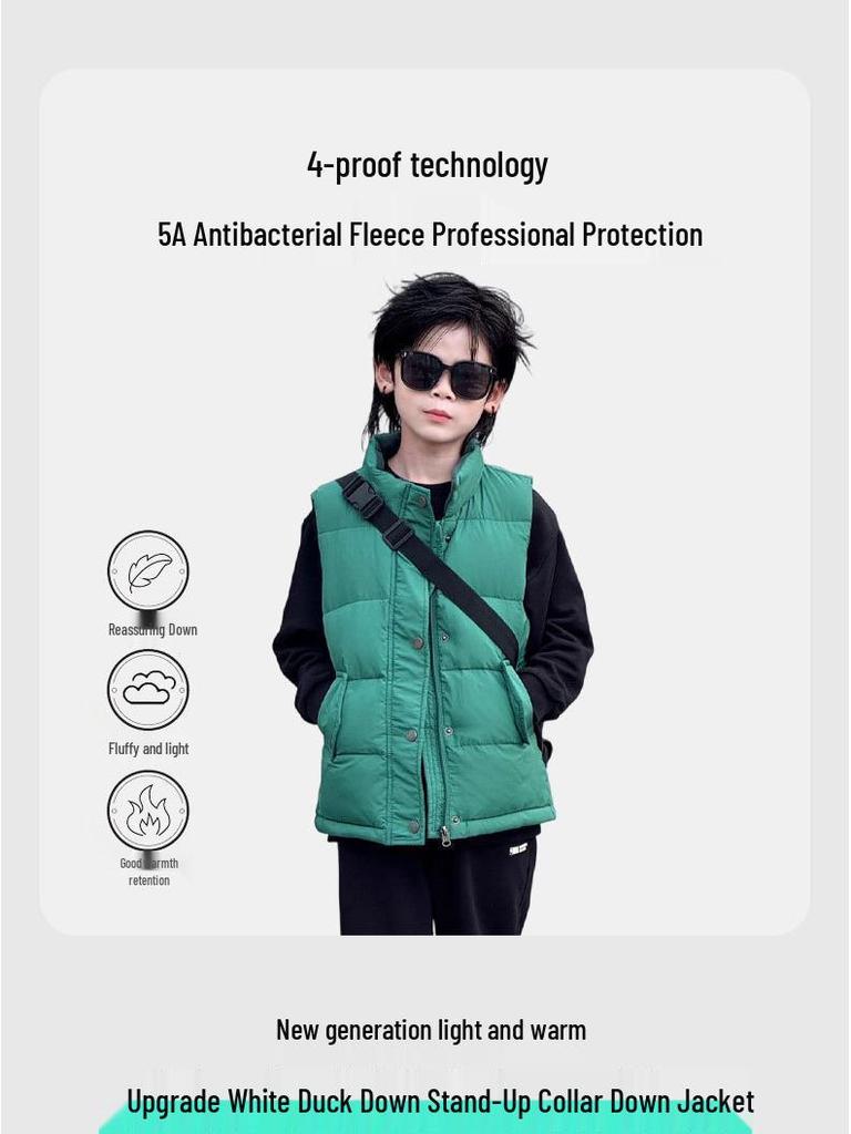 Kids' Stand-Up Collar Winter Down Vest - Boys' Thickened Korean Style Outerwear