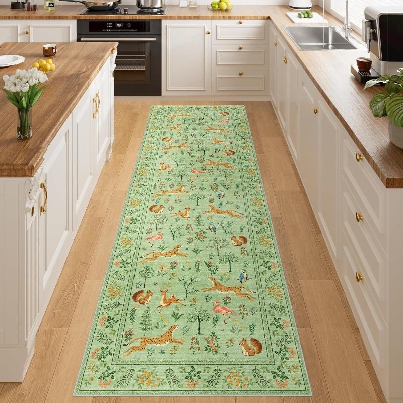 Boho Forest Animal Runner Rug Cheetah Deer Birds Floral Print Hallway Floormat Water-Absorbent Anti-slip Carpet for Living Room