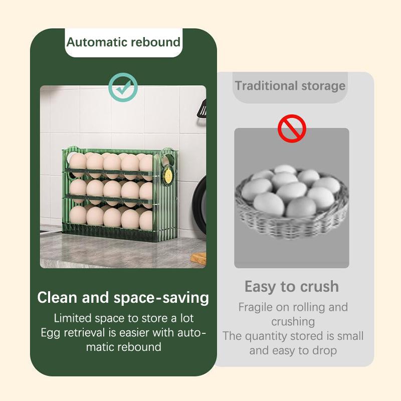 Organizator de ouă cu rabat automat, suport pentru ouă cu 3 niveluri, 30 de bucăți, recipient pentru depozitarea ouălor pentru ușa laterală a frigiderului sau blat