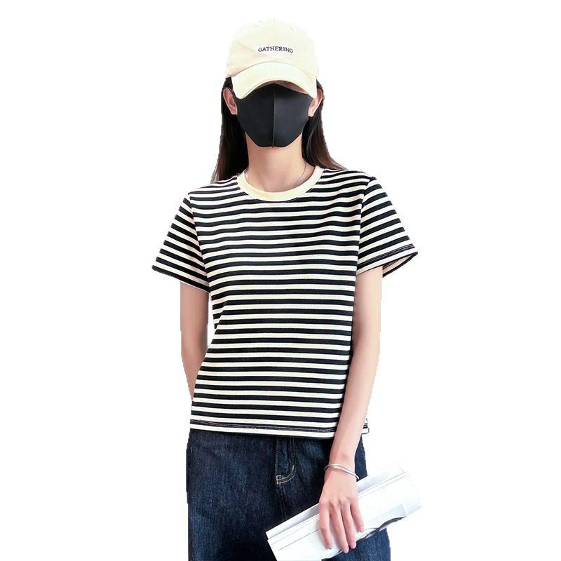 Women's High-End Hong Kong Style Black & White Striped Loose Summer T-Shirt
