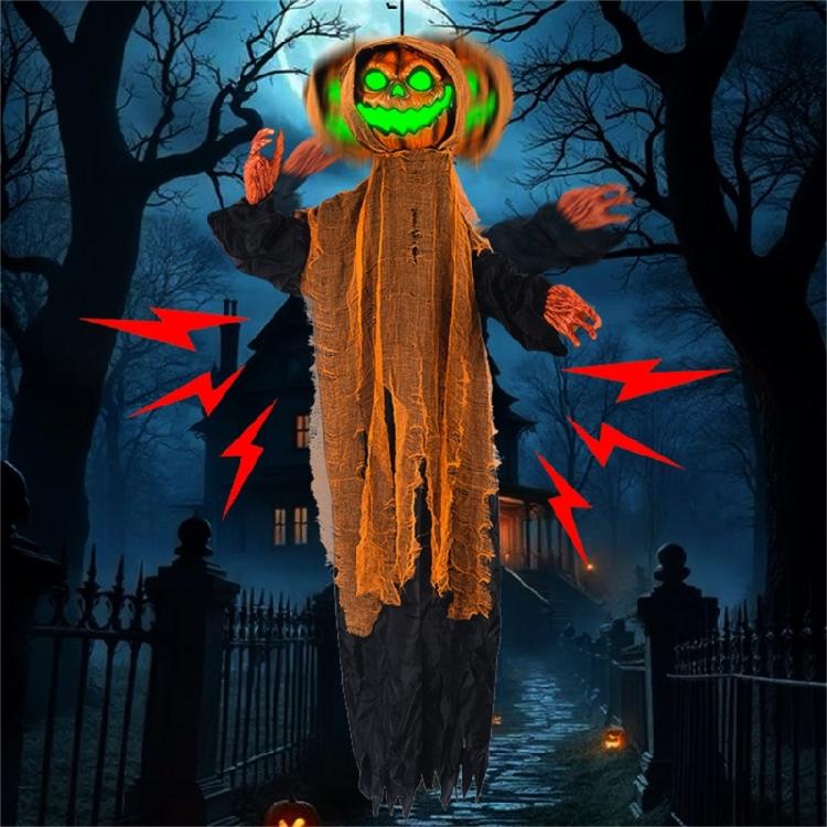 Scary Pumpkin Skeleton with Sound Effect Light up LED Eye Voice Activated Skeleton Hanging Decoration For Inside Outdoor