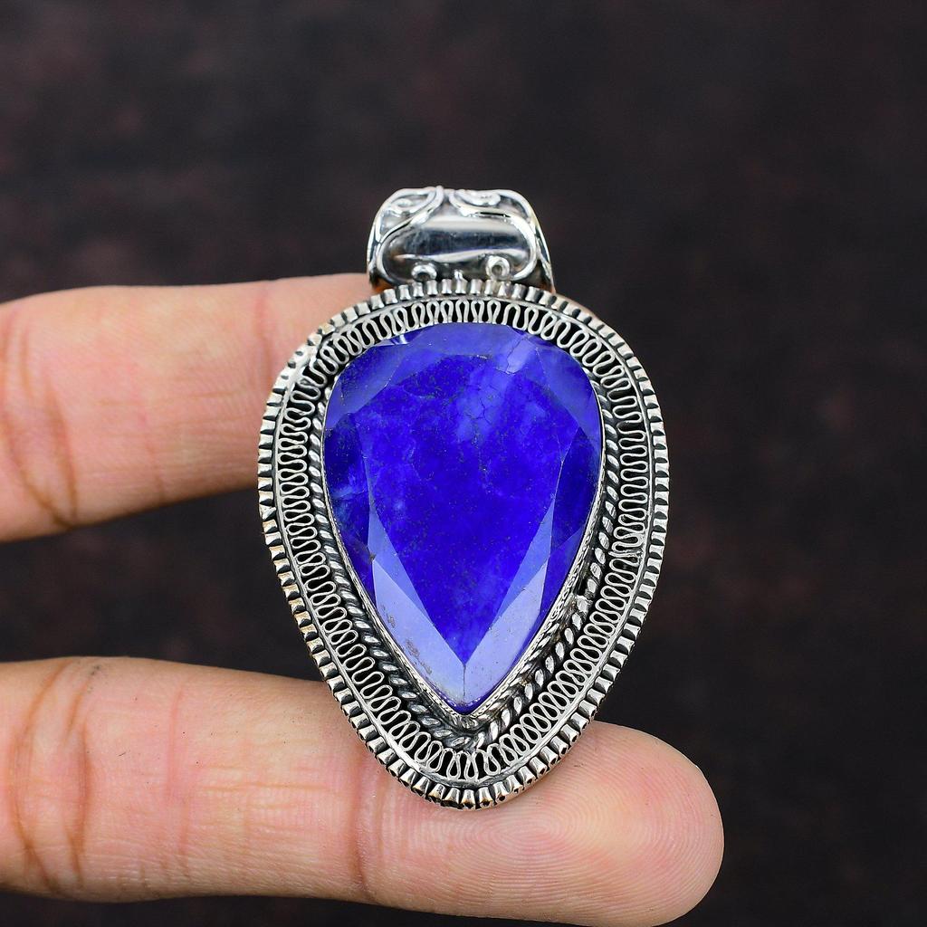 Faceted Blue Sapphire Pendant Handmade Gemstone Pendant 925 Sterling Silver Pendant Blue Sapphire Jewelry Vintage Pendant Anniversary Gifts