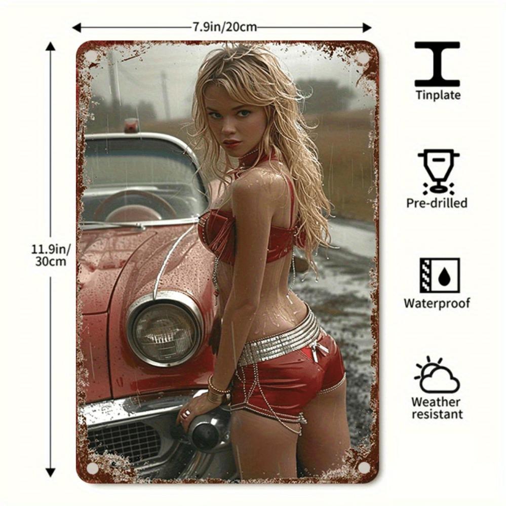Vintage Tin Sign Car Pinup Girl Metal Wall Art Retro Home Decor 20x30